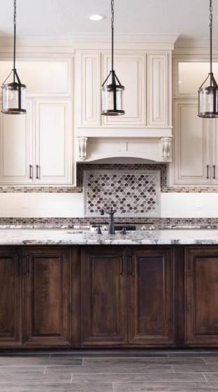 Front view of kitchen redesign with chocolate colored wooden chest of drawers